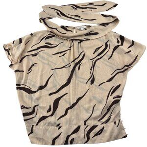 Nine West Women's Zebra Print Polyester Blouse with Tie Neckline Black Tan